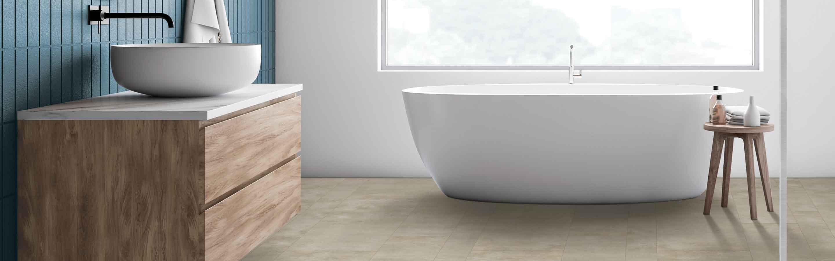 Vinyl flooring in a bathroom with a soaking tub and a large window